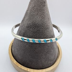 Vintage Mexico Striped Turquoise Inlay Sterling Silver Bangle Bracelet